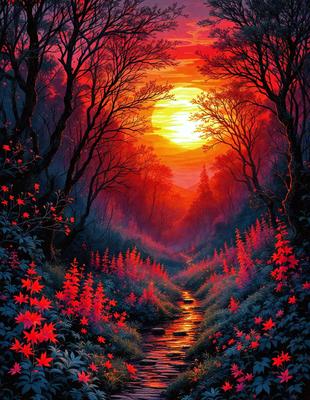 The primary subject of the image is a beautifully painted forest scene with a sunset in the background. The setting is a lush, vibrant forest filled with red flowers and greenery. The visual style is a combination of digital art and illustration, creating a captivating and artistic representation of nature. The colors and mood of the image are predominantly warm and inviting, with the red flowers and sunset adding a sense of tranquility and serenity to the scene.